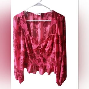 Floral Pink Smocked Blouse Women’s Small Long Sleeve Tie Front Crop Top